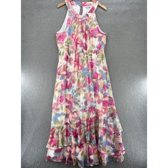 Calvin Klein Dress Womens 14 Pink Multi Floral Maxi Halter Blouson Ruffle Ruched - Picture 1 of 11